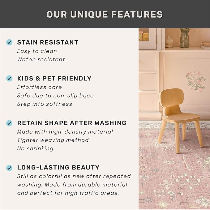 Washable 8x10 Blush Pink Rug for Bedroom Girls Dorm, Floral Retro Living Room - Image 7