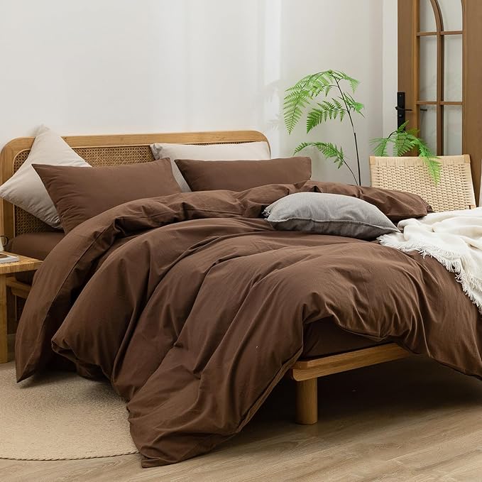 BESTOUCH Duvet Cover Set 100% Washed Cotton Linen Feel Super Soft Comfortable Chic Lightweight 3 PCs Home Bedding Set Solid Cocoa Brown Full/Double