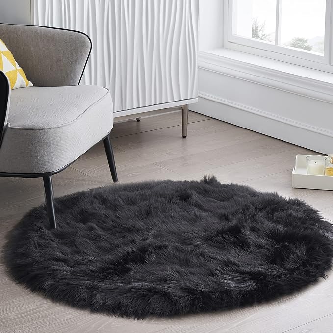 Ciicool Black Fluffy Round Fur Area Rug - Image 2