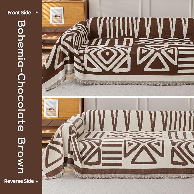 STACYPIK Boho Chenille Sofa Covers, Chocolate Geometric Couch Cover for Sectional, L Shape Couch Protector for 3 Cushion Couch, Non Slip Jacquard Sofa Protector for Loveseat with Tassles-71X118IN