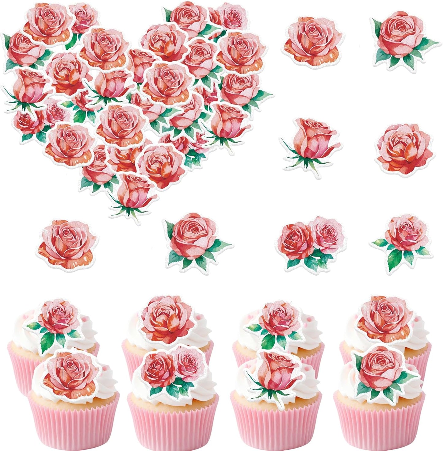 48PCS Edible Rose Flower Cupcake Toppers Wafer Paper Roses Decorations Flower Birthday Party Decorations Rose Cake Toppers for Wedding Engagement Birthday Party Cake Decor Supplies (Pink)