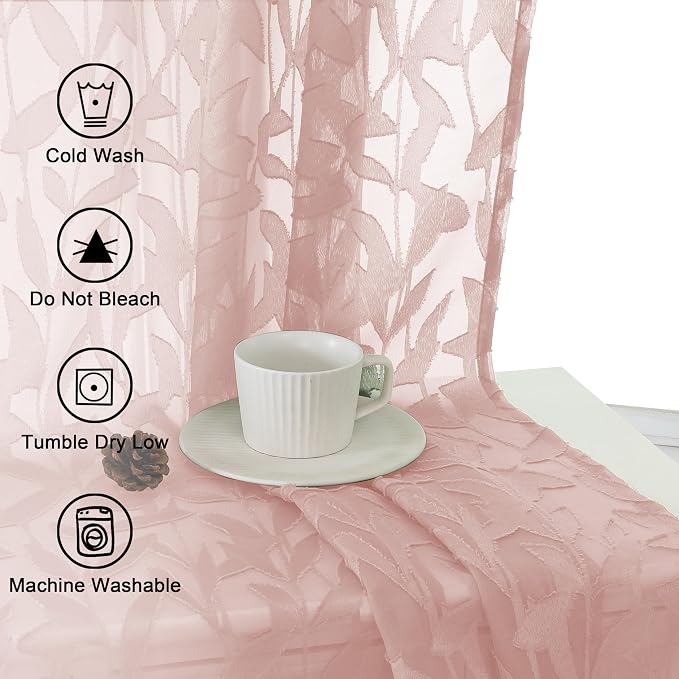 Lecloud Leia Blush Pink Sheer Curtains 90 Inches Long 2 Panels, Airy Leaf - Image 9