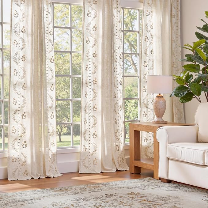 jinchan Belrose Linen Curtains for Bedroom Floral Curtains 84 Inch Length Linen - Image 3