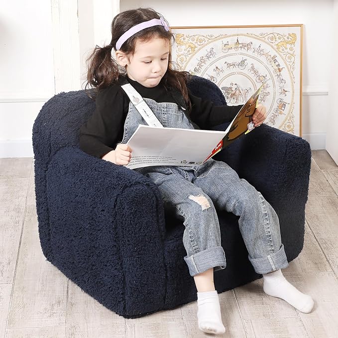 Kids Snuggly-Soft Sherpa Chair, Cuddly Toddler Foam Chair for Boys and Girls, Dark Blue