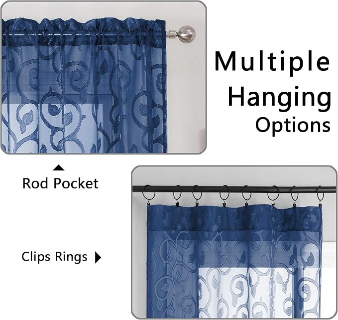 OWENIE Furman Blue Sheer Curtains 45 Inch Length 2 Panels Set - Image 4