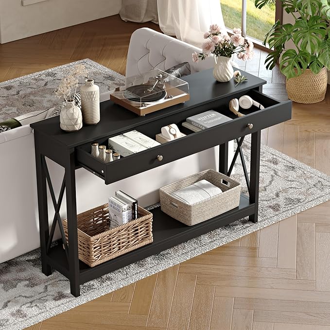 Treocho 47" Farmhouse Console Table with Drawer and Storage Shelves, Foyer Sofa Table Narrow for Entryway, Living Room, Hallway, Black