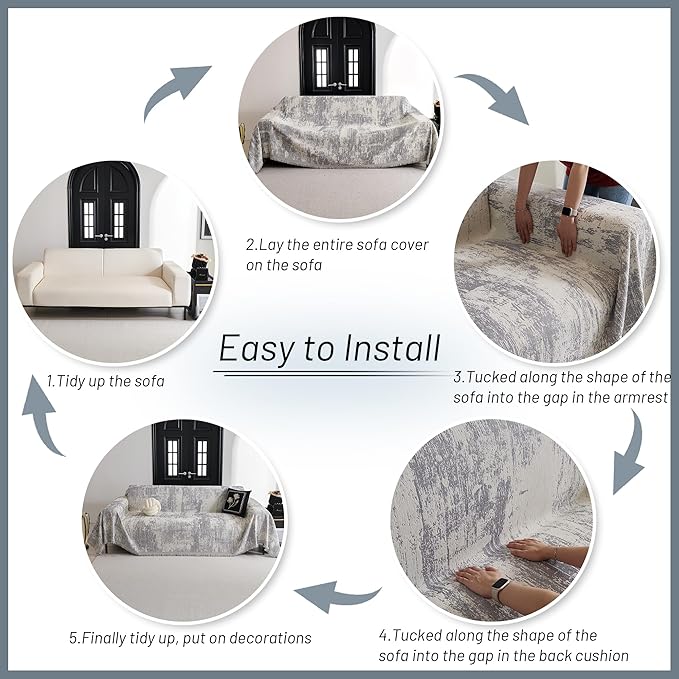 MYSKY HOME Sectional Couch Cover Sofa Covers for Sectional Sofa L Shape Chenille Couch Protector Grey Geometric for Dogs Pets Couch Throw Cover Washable Durable for Home Decor, 71" X118"