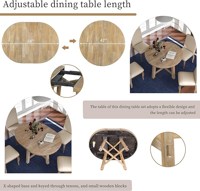 Merax 5-Piece Farmhouse Dining Furniture Set, Wooden Round Extendable Table, and 4 Upholstered Chairs, Natural Wood Wash