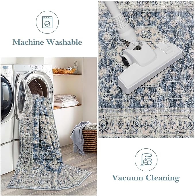 Lahome Oriental Washable Small Area Rug, 2x3 Rugs for Entryway Kitchen, Ultra-Thin Soft Indoor Door Mat Non Slip Throw Carpet for Bedroom Bathroom, Blue