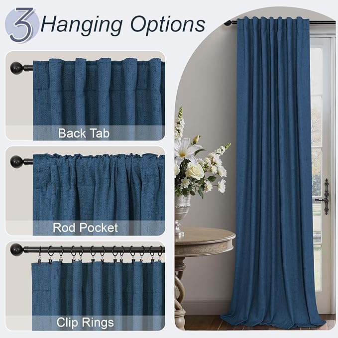 Navy Blue Curtains 108 Inches Long 2 Panel Faux Linen Nautical Modern Farmhouse - Image 6