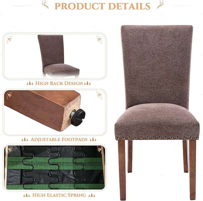 Parsons Dining Chairs Set of 2, Upholstered Nailhead Dining Room Kitchen Side Chair with Thick Cushions and Wood Legs, Brown