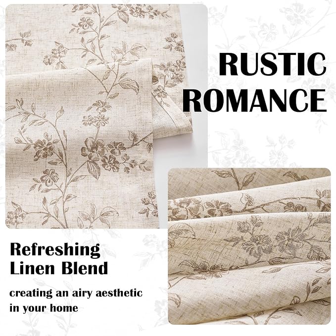 Lazzzy Taupe Floral Linen Curtains 96 Inch Farmhouse Back Tab Drapes - Image 6