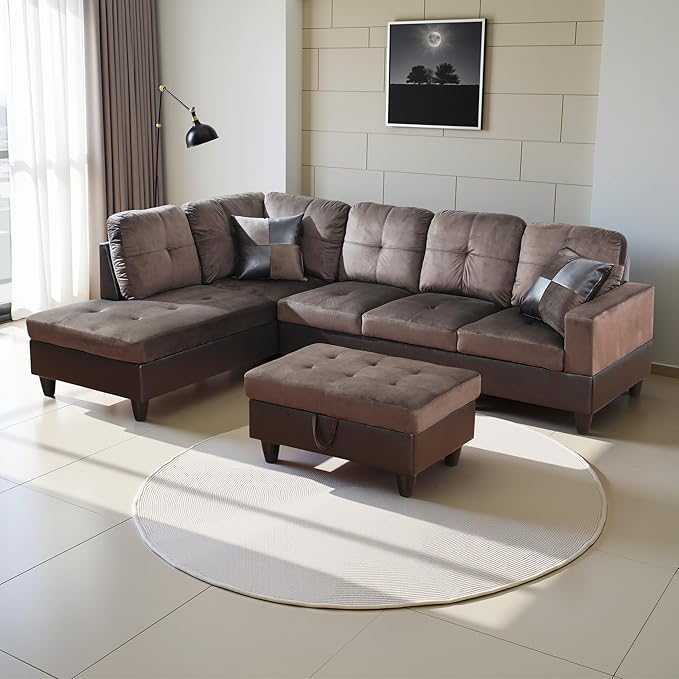 L Shaped Couch Upholstered Flannel Fabric 3 Pieces Sofas for Living Room with Chaise, Storage Ottoman for Office and Small Apartment, Dark Brown