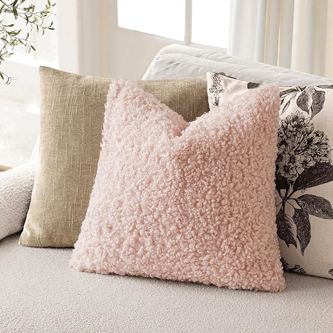 Foindtower 2 Pieces 16x16 Inch Light Pink, Faux Fur Throw Pillow Cover Accent Sherpa Furry Pillow Covers Fuzzy Soft Pillowcases Cozy Sheepskin Decorative Fleece Cushion Case for Bed Couch Living Room