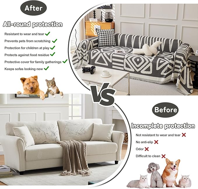 HANDONTIME Reversible Sofa Cover Boho Geometric Couch Cover for Dogs Dark Grey Couches Covers Washable Chenille Couch Covers for 3 Cushion Couch Pet Friendly Furniture Protector for Pets, 71" X118"