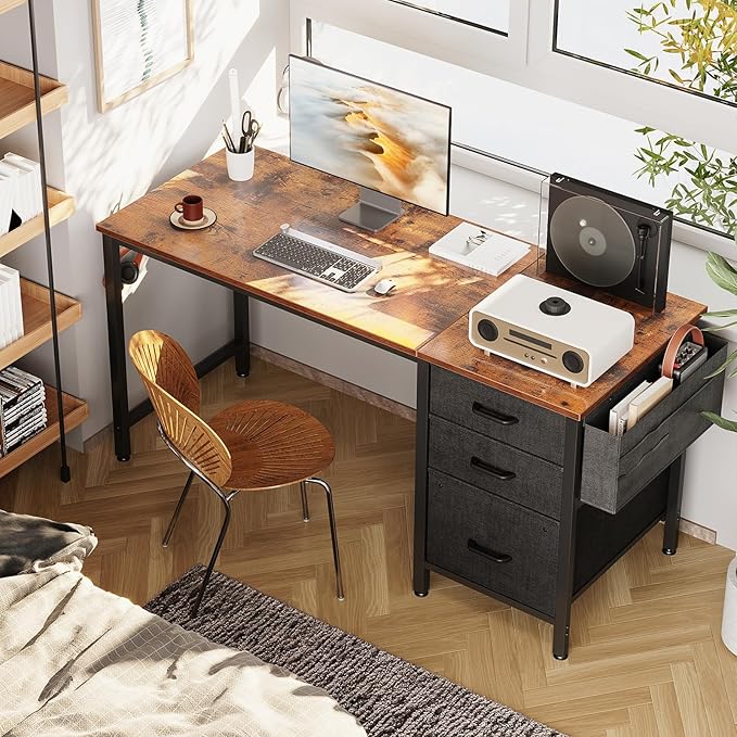 Casaottima 48" Small Computer Home Office Desk for Bedroom with Fabric Drawers & File Cabinet, Cloth Storage Bag and Hook, Writing Study Work Table for Small Space, Vintage