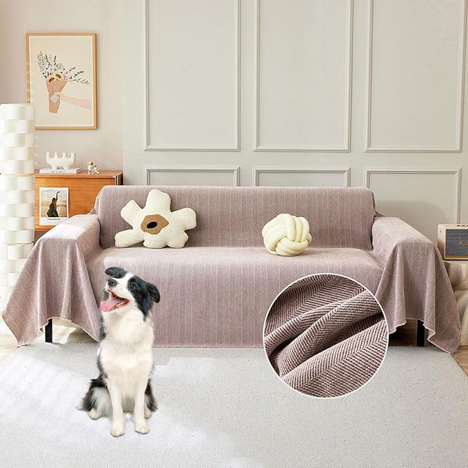 STACYPIK Thick Pink Geometric Sofa Covers for 3 Cushion Couch Reversible Herringbone Dogs Couch Covers0 Pet Scratch Protector Blanket for Living Room Chenille Cushion Covers with Tassel-91X150IN