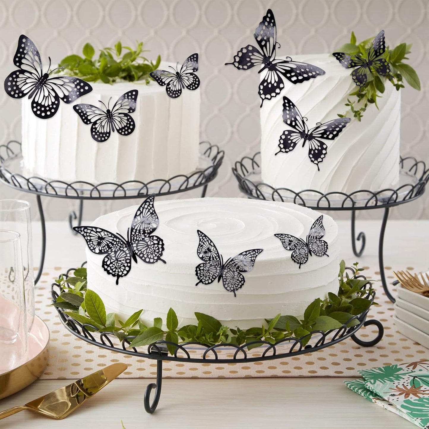 Gyufise 36 Pack Black Laser 3D Butterfly Cupcake Toppers Hollow Cake Decorations for Birthday Wedding Fairy Party Wall Sticker Decal