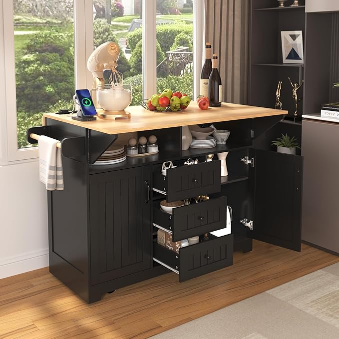 56" Large Kitchen Island with 2 Drop Leafs,Rolling Kitchen Cart on 5 Wheels W/Power Outlet & 3 Drawers,Folding Storage Dining Table W/Spice & Towel Racks,for Kitchen,Dining Room,Black