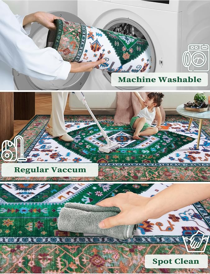 SERISSA Boho Washable Runner Rug, 2x5 Rug Runner Non-Slip Vintage Green White - Image 2