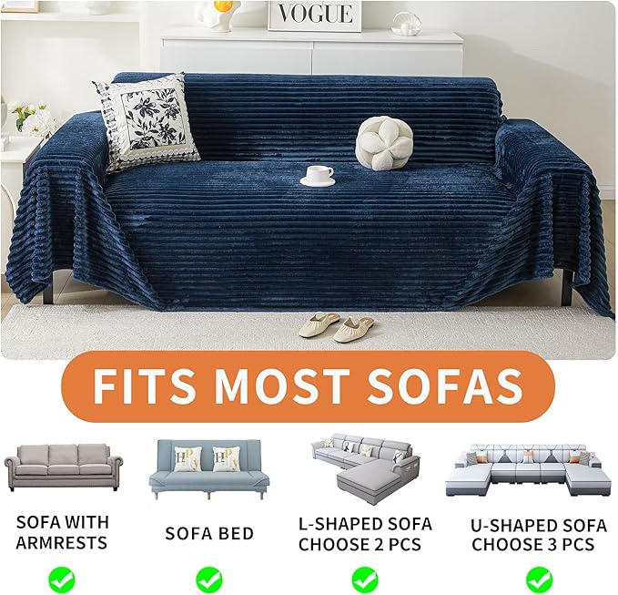 HAOMAIJIA Faux Fur Sofa Covers Couch Covers for 3 Cushion Couch Sofa Pet Friendly Soft Non Slip Couch Cover for Dogs Washable Sectional Couch Covers L Shape Furniture Protector (Navy Blue, 71"x134")