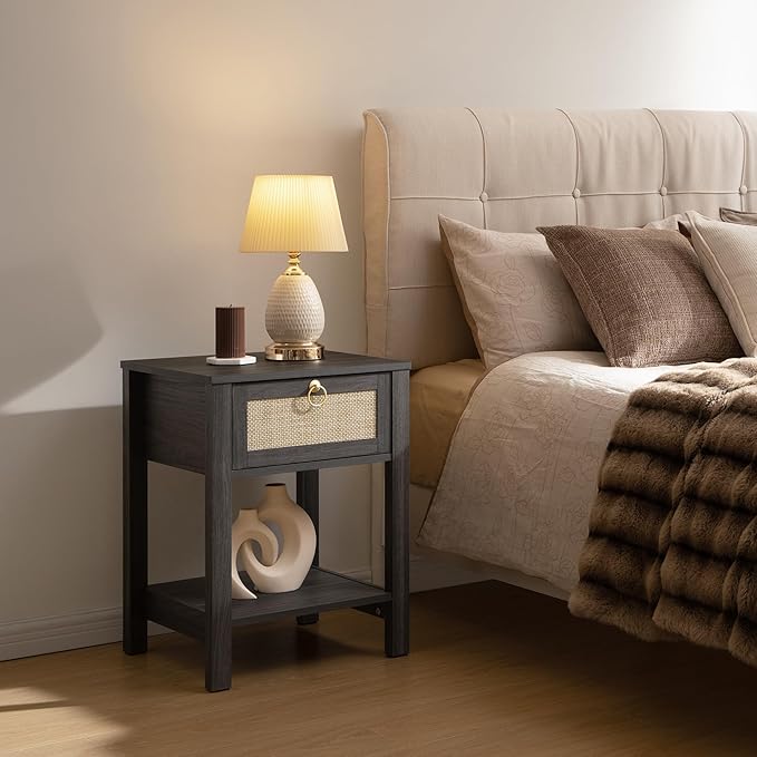 SICOTAS Rattan Nightstand, Rattan Decor Drawer with Brass Knobs Night Stand Bedside Table Boho End Tables Side Tables with Storage Shelf for Bedroom,Small Space