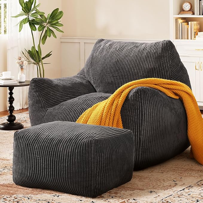 Big Bean Bag Chair for Adults & Kids, Ultra Soft Living Room Bean Bag with Armrests & Ottoman, Stuffed BeanBag Floor Sofa for Napping, Gaming, Lounging, Dark Gray