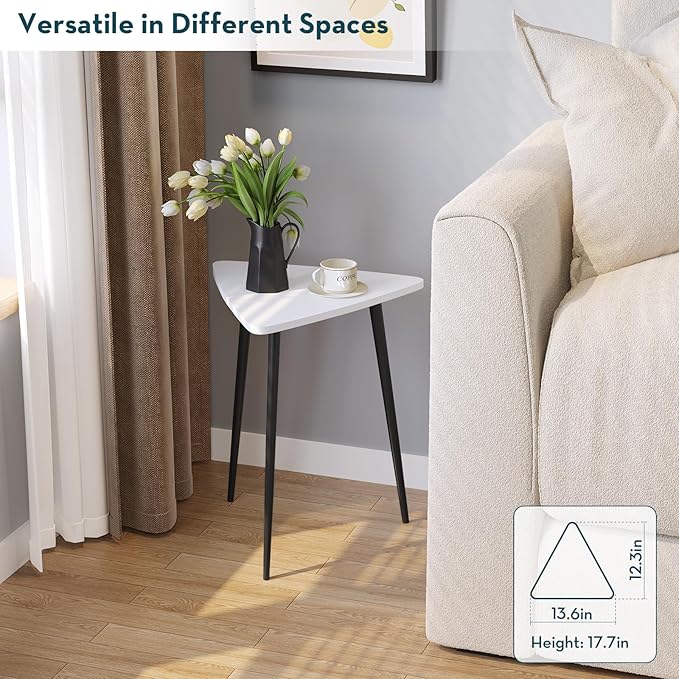 SAYGOER White Side Table Small Triangle End Tables Modern Narrow Sofa Table for Living Room Bedroom Small Space Unique Wooded Bedside Table,Medal Black Frame 13.5" W x 12.3" D x 17.7" H