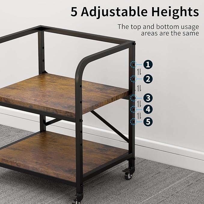 2 Tier Under Desk Printer Stand, Large Printer Table with Height Adjustable Shelf, Rolling Printer Cart with Industrial Wheels for Home Office, Scanner Fax (Rustic Brown)
