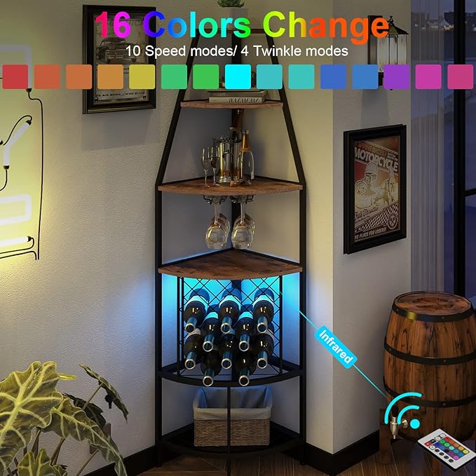 5-Tier Corner Wine Rack with LED Light Floor Standing Wine Rack with Glass Holder and Bottles Wine Storage Home Bar Furniture for Kitchen Living Dining Room (Rustic Brown)