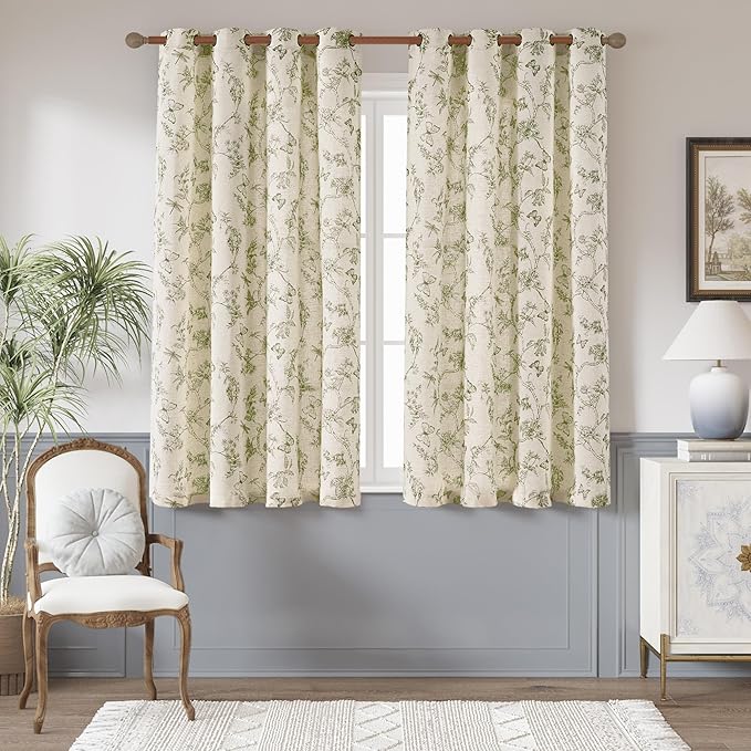 jinchan Floral Linen Curtains for Living Room 63 Inch Length Butterfly Sage by JINCHAN