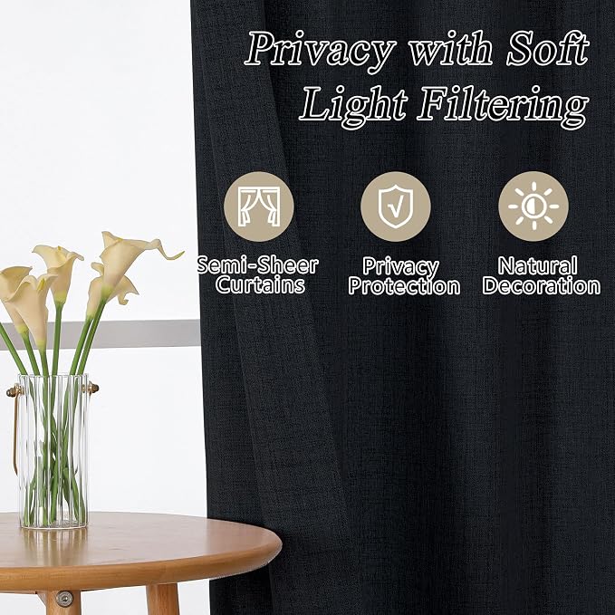 OVZME Black Valance for Windows, Light Filtering Faux Linen Textured Small Cafe - Image 7