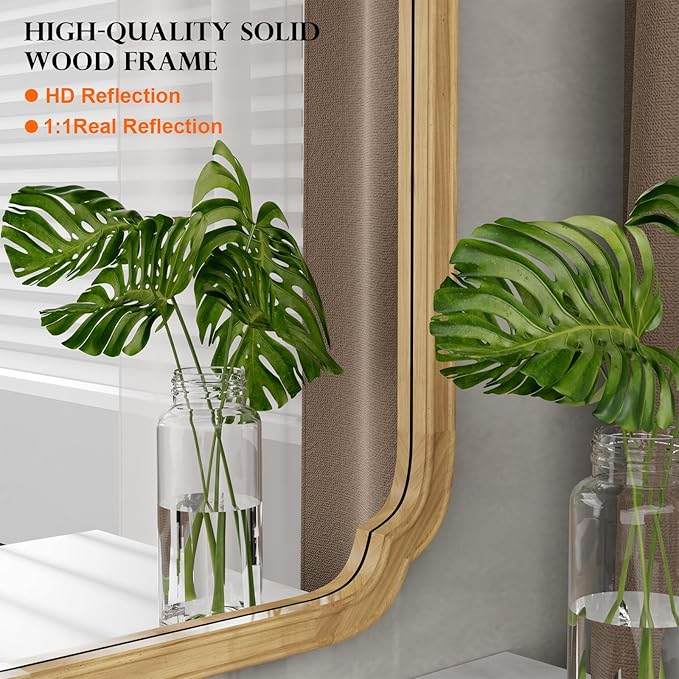 WallBeyond 24" x 36" Rounded Corner Arch Wall Mirror with Wood Frame for Entryway, Living Room or Bedroom Home Decor - Light Woodgrain 24" x 36" Natural Color
