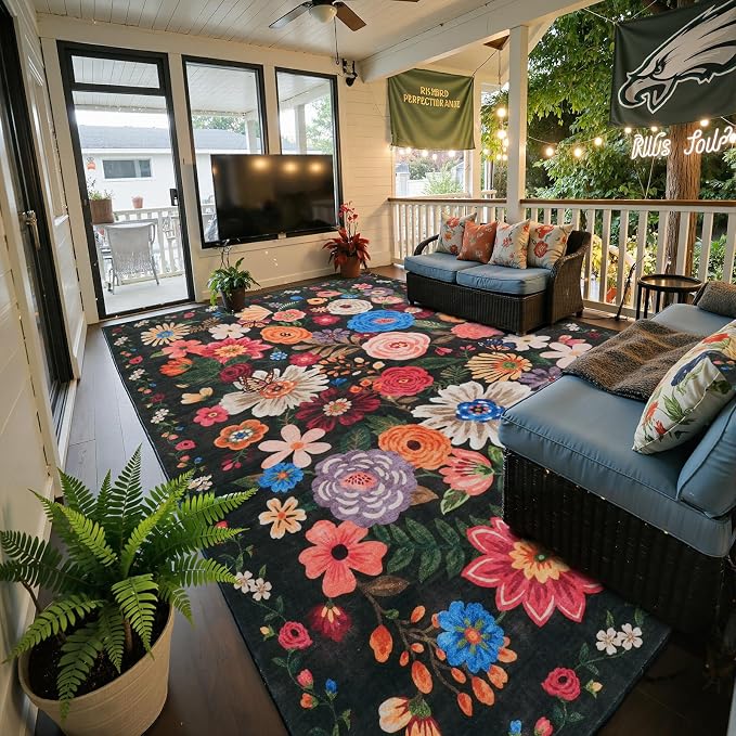 Black/Brown Area Rugs 10x14 Living Room, Non Slip Machine Washable Floral Rugs by WelcometoBabovid