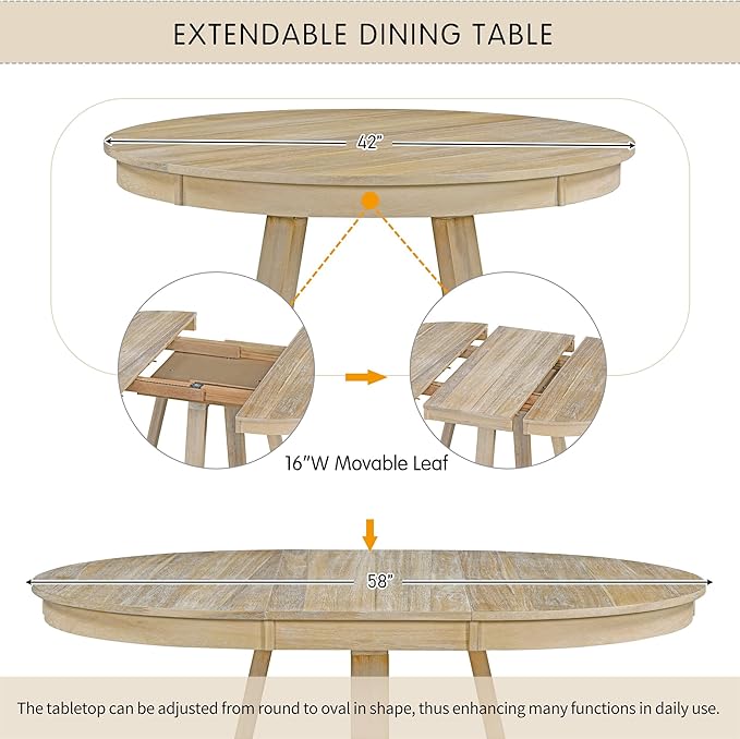 Ball & Cast 5 Piece Dining Table Set with 4 Upholstered Chairs,Living Room Furniture W/ 42" Table,Tabletop Can be Adjusted from Round to Oval in Shape,for Restaurant,Home Bistro,Natural