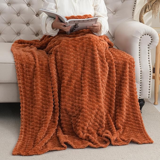 Puncuntex Burnt Orange Throw Blanket 50"×60" inches Fuzzy 3D Jacquard - Image 2