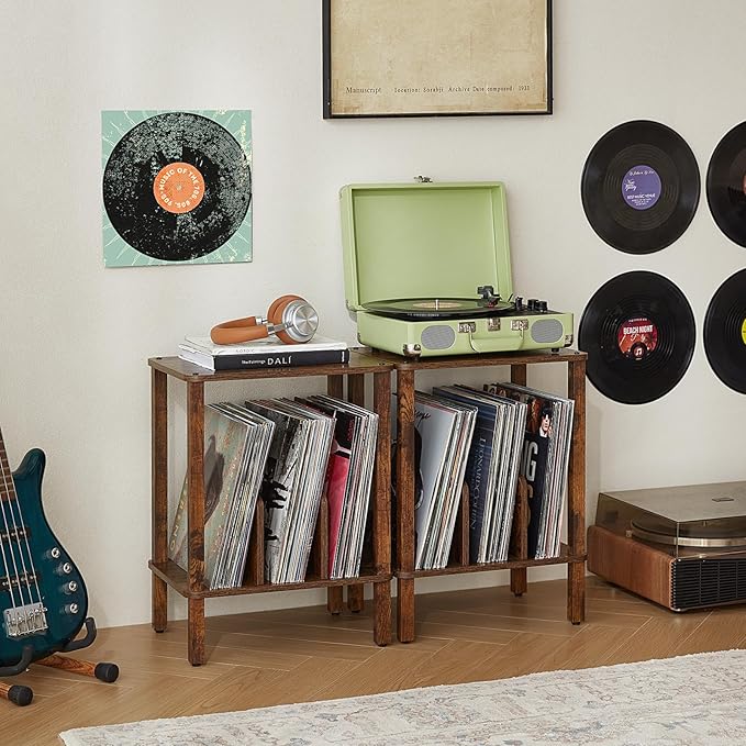 LELELINKY 2-Tier Record Player Stand with Vinyl Record Storage up to 100 Albums, Bedroom Record Holder and Multi-Functional End Table for Living Room, Brown