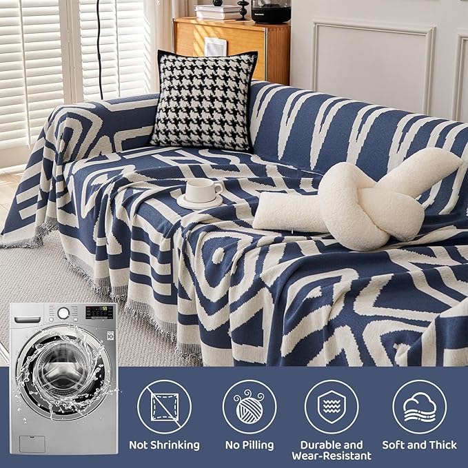 STACYPIK Boho Chenille Blue Sofa Cover L Shaped Couch Cover Reversible Couch Cover for 3 Cushion Couch Non-Silp Furniture Cover for Dogs Cats Sectional Sofa Cover for Loveseat Futon Cover-91X134IN