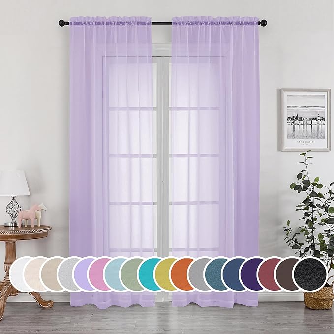 OWENIE Light Purple Sheer Curtains 90 Inches Long 2 Panels Set by OWENIE
