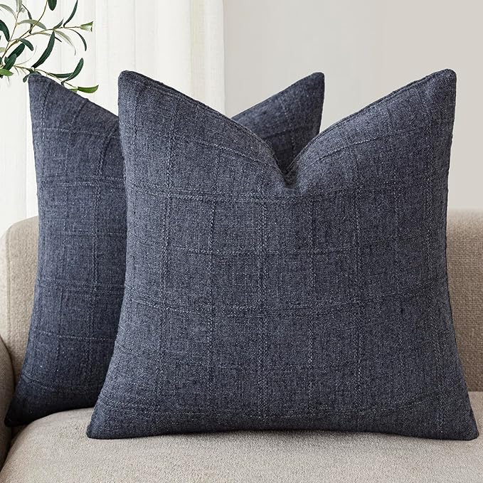 Foindtower Set of 2 Decorative Linen Check Throw Pillow Covers Neutral Farmhouse Vintage Cushion Covers Modern Boho Home Decor for Sofa Chair Couch Bedroom Living Room Outdoor,24×24 Inch,Navy Blue