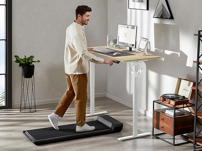 48x24 Inches Height Adjustable Electric Standing Desk with 2 Hooks for Home Office, Ergonomic Sit Stand up Desk with Splice Board, Oak
