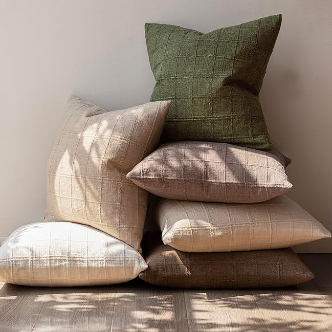 Foindtower Set of 2 Decorative Linen Check Throw Pillow Covers Neutral Farmhouse Vintage Cushion Covers Modern Boho Home Decor for Sofa Chair Couch Bedroom Living Room Outdoor,26×26 Inch,Olive Green