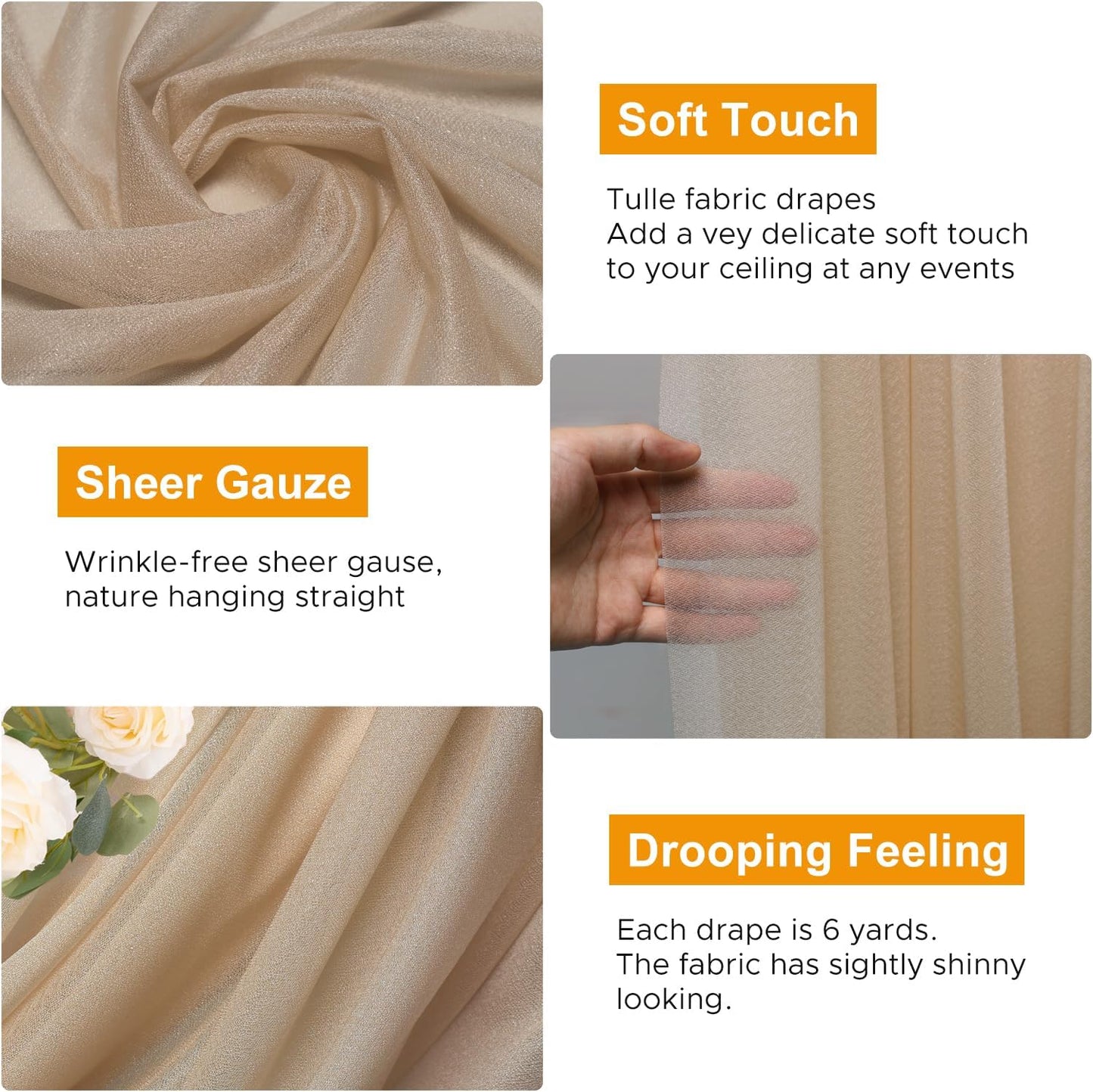 Wedding Arch Draping Fabric 3 Panels 28.7" x 20FT Nude Sheer Chiffon Backdrop Drapes for Wedding Ceremony Birthday Party Bridal Shower Outdoor Decoration