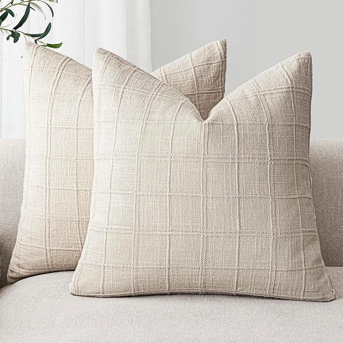 Foindtower Set of 2 Decorative Linen Check Throw Pillow Covers Neutral Farmhouse Vintage Cushion Covers Modern Boho Home Decor For Sofa Chair Couch Bedroom Living Room Outdoor,20×20 Inch,Natural Beige