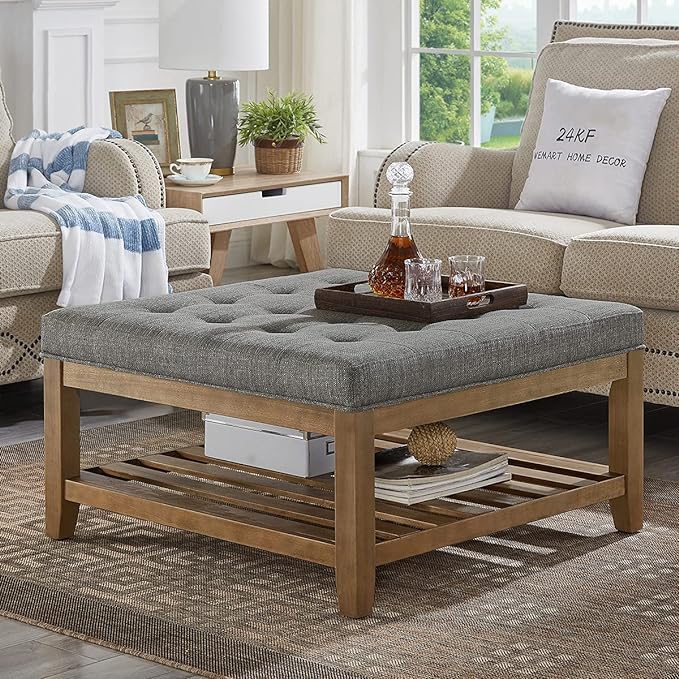 24KF Large Square Upholstered Tufted Linen Ottoman Coffee Table, Large Footrest Ottoman with Solid Wood Shelf-Granite