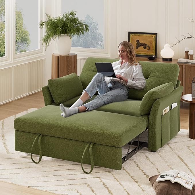 Vipbear 3-in-1 Chenille Convertible Sofa Bed, Pull Out Sleeper Sofa with Side Pocket & Adjustable Backrest, Tool-Free Assembly, Folding Loveseat for Living Room, Apartment, Green