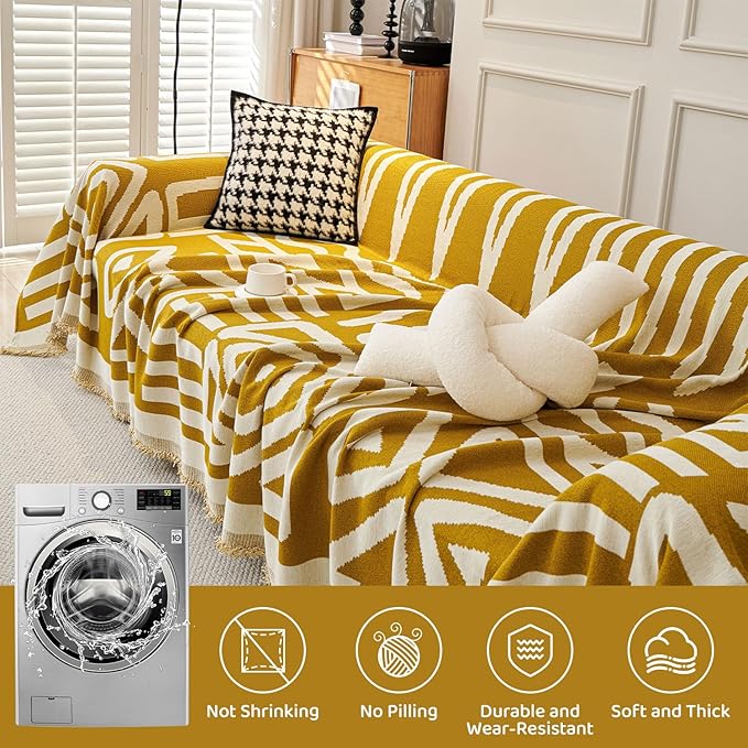 STACYPIK Boho Mustard Yellow Couch Cover Sofa Cover for Dogs Reversible Furniture Protector for 2 Cushion Couch Washable Sectional Sofa Covers Loveseat Cover Non Slip Pet Protector Cover-71X102IN