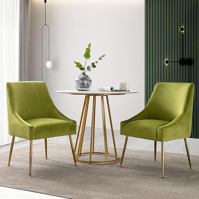 Modern Velvet Dining Chairs Set of 6, Contemporary Upholstered Furniture Collection with Polished Gold Metal Legs, Elegant Accent Chairs for Kitchen Living Room(Yellow Green)