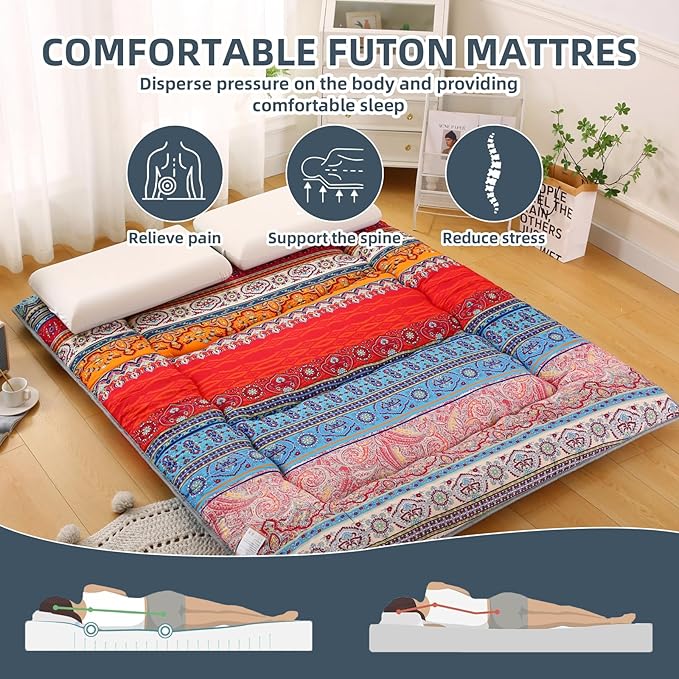 Bohemian Retro Japanese Floor Mattress, Vintage Floral Tatami Floor Mat, Portable Roll up Futon Mattress for Guest,Tavel (C,Full 80" X 47")