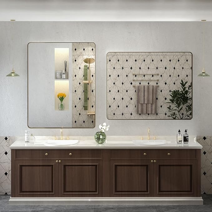 26x36 Inch Bronze Framed Mirror, Brushed Bronze Metal Bathroom Vanity Mirror for Wall, Modern Rectangle Mirror, Rounded Corner, Anti-Rust (Horizontal/Vertical)